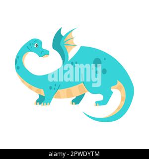 Drago blu con piccole ali che guardano all'illustrazione del cartone animato sul retro Illustrazione Vettoriale