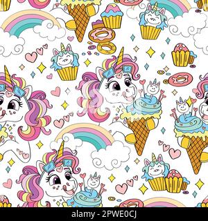 Motivo senza cuciture con simpatico unicorns e dolcetti vettore Illustrazione Vettoriale