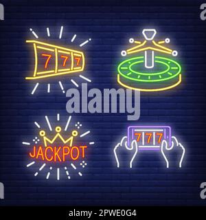 Fortunati sette, roulette e jackpot neon segni set Illustrazione Vettoriale