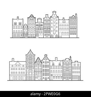 Amsterdam case in vecchio stile. Tipiche case olandesi allineate lungo un canale nei Paesi Bassi. Costruzione e facciate per striscioni o poster. Vettore Illustrazione Vettoriale