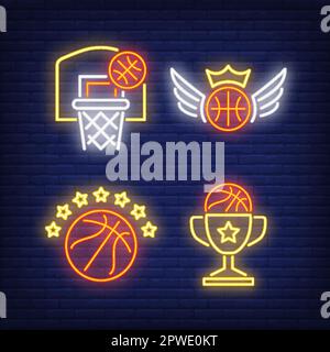 Set di insegne al neon con palloni da basket, cerchio e coppa d'oro Illustrazione Vettoriale