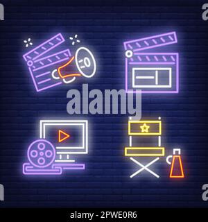 Set di insegne al neon, al megafono e al neon a rulli Illustrazione Vettoriale