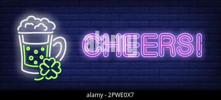 Segno di coraggio al neon. Bicchiere di birra e shamrock Illustrazione Vettoriale