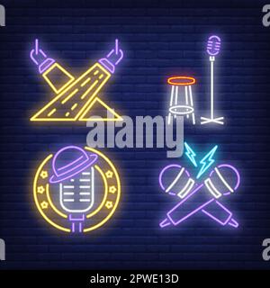 Set di cartelli al neon per faretti e microfoni Illustrazione Vettoriale