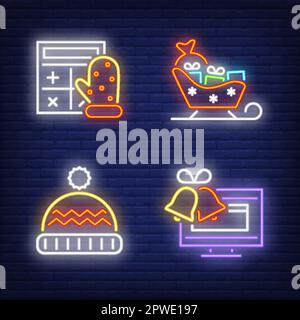 Slitta con regali, calcolatrice, computer, campane al neon insegne set Illustrazione Vettoriale