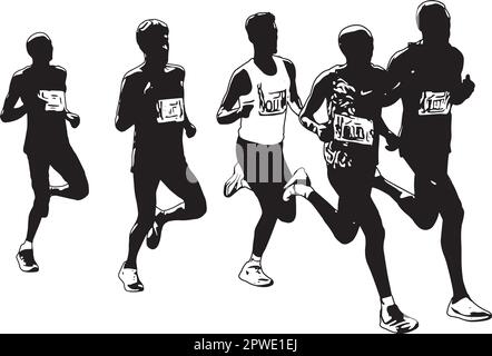 maratona running in gruppo - vettore di grafica di schizzo Illustrazione Vettoriale