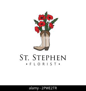 St Stephen florist disegno vettoriale del logo. Stivale cowboy con logo poppies. Modello esclusivo con logo floreale. Illustrazione Vettoriale