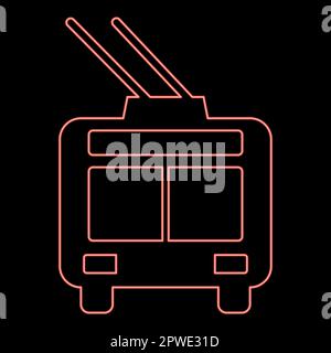 Neon filobus elettrico city transport urbano pubblico trolley bus rosso colore vettore illustrazione immagine piatto stile luce Illustrazione Vettoriale