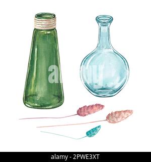 Un set di vasi di vetro con fiori secchi su sfondo bianco. Illustrazione in acquerello degli elementi interni. In stile francese. Accumulazione bouquet provenzale. Foto Stock