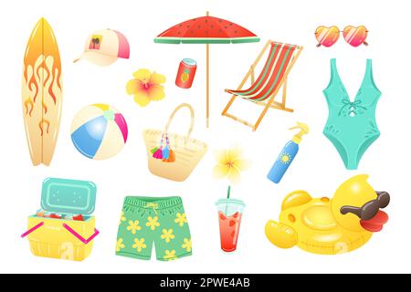 Set di colorate illustrazioni vettoriali di accessori estivi per la spiaggia Illustrazione Vettoriale
