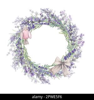 Cornice rotonda di fiori provenzali di lavanda con decorazioni. Acquerello illustrazione di fiori viola. Piante botaniche. Una corona con un posto per il Foto Stock