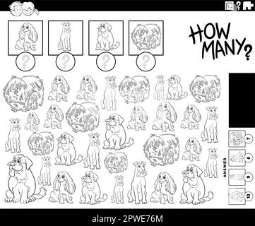 Illustrazione in bianco e nero del gioco di conteggio educativo con divertente cartoon purered cani caratteri animali pagina da colorare Illustrazione Vettoriale
