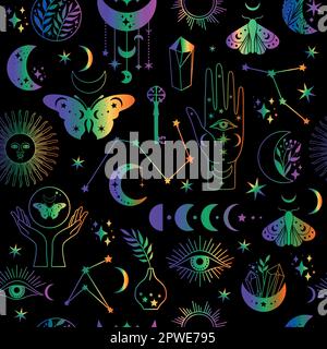 Modello senza cuciture icone lunari mistiche fasi e donne mani e moth, alchimia esoterica spazio magico, vettore neon isolato su sfondo nero Illustrazione Vettoriale