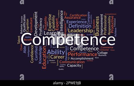 Concetto di base di Word cloud per competenza. Leadership performance abilità di realizzazione atteggiamento per la conoscenza di competenza. illustrazione vettoriale. Illustrazione Vettoriale