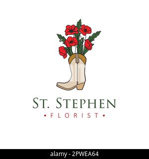 St Stephen florist disegno vettoriale del logo. Stivale cowboy con logo poppies. Modello esclusivo con logo floreale. Illustrazione Vettoriale