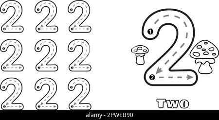 Foglio di lavoro di esercitazione traccia numero due per bambini e bambini di prek. Calligrafia prescolare asilo tracciare illustrazione vettoriale Illustrazione Vettoriale