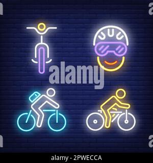 Ciclisti in bicicletta in bicicletta con segnaletica al neon Illustrazione Vettoriale