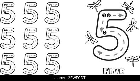 Foglio di lavoro per le esercitazioni sulle tracce numero cinque per bambini e bambini di prek. Calligrafia prescolare asilo tracciare illustrazione vettoriale Illustrazione Vettoriale