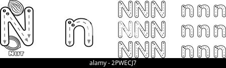 Lettera N traccia il foglio di lavoro dell'alfabeto ABC maiuscolo e minuscolo per il vocabolario inglese dei bambini. Illustrazione del vettore di pratica di traccia di scrittura a mano Illustrazione Vettoriale