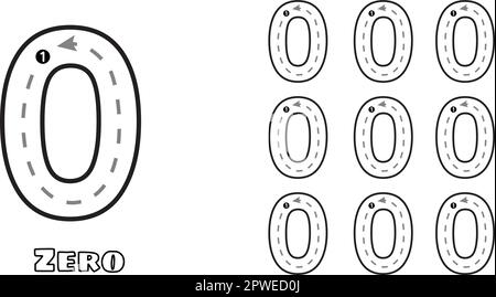 Foglio di lavoro di esercitazione Number Null Trace per bambini e bambini di prek. Scrittura a mano asilo prescolare disegno vettoriale di zero Illustrazione Vettoriale