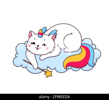 Personaggio di Caticorno cartoon con bacchetta magica sulla nuvola. Adorabile personaggio di gatto, gattino o gattino con coda arcobaleno, corno unicorno e ali d'angelo. C Illustrazione Vettoriale