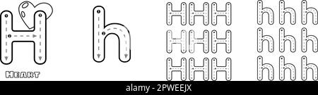 Lettera H traccia lettere maiuscole e minuscole ABC foglio di lavoro per il vocabolario inglese dei bambini. Illustrazione del vettore di pratica di traccia di scrittura a mano Illustrazione Vettoriale