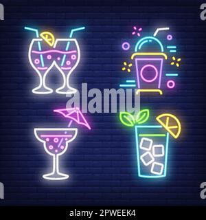 Set di cartelli al neon in vetro di limonata, cocktail e frullato Illustrazione Vettoriale