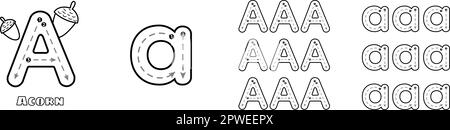 Lettera Un foglio di lavoro con lettere maiuscole e minuscole dell'alfabeto ABC per il vocabolario inglese dei bambini. Illustrazione del vettore di pratica di traccia di scrittura a mano Illustrazione Vettoriale