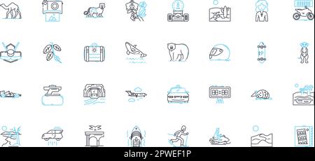 Avventura turismo icone lineari set. Spedizione, Trekking, Canoismo, Rafting, Alpinismo, Safari, vettore di linea di arrampicata e segnali concettuali Illustrazione Vettoriale