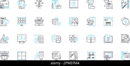 Set di icone lineari per università. Imparare, Istruzione, Dormitorio, studiare, Professori, Esercitazioni, vettore di linea degli esami e segnali concettuali. Campus, lezioni Illustrazione Vettoriale