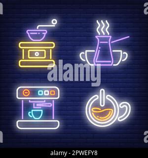 Macchina per il caffè e macinacaffè manuale con segnaletica al neon Illustrazione Vettoriale