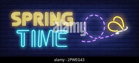 Primavera tempo neon testo con farfalla e la sua traiettoria di volo Illustrazione Vettoriale
