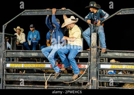 Itaja, Goias, Brasile - 04 21 2023: cowboy uomo a un evento di equitazione toro Foto Stock