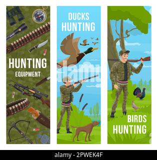Attrezzatura sportiva da caccia e animali, cacciatore di cartoni animati, banner vettoriali per cannoni e cani. Cacciatore di anatre con fucile, arco e bussola, anatre di mallardo, quaglia e gro Illustrazione Vettoriale