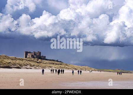 Northumberland Beach; persone che camminano sulla Bamburgh Castle Beach con nuvole di tempesta sopra Bamburgh Castle, Bamburgh Northumberland Regno Unito; meteo Regno Unito. Foto Stock