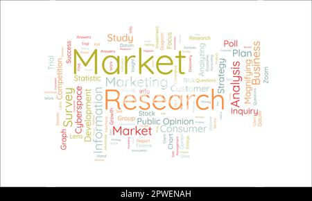 Concetto di base di Word cloud per la ricerca di mercato. Analisi della strategia aziendale per la statistica del grafico finanziario dello sviluppo. illustrazione vettoriale. Illustrazione Vettoriale