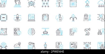 Set di icone lineari di intelligenza artificiale. Automazione, apprendimento automatico, robotica, Neural nerks, elaborazione del linguaggio naturale, Sistemi esperti, profondo Illustrazione Vettoriale