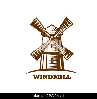 Emblema del mulino a vento, icona disegnata a mano. Fattoria di grano e orzo, negozio di alimentari biologico o simbolo di mercato del vecchio mulino villaggio, azienda agricola incisa Illustrazione Vettoriale