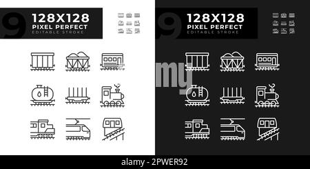 Icone lineari pixel Perfect Logistics per la logistica ferroviaria impostate per la modalità scura e chiara Illustrazione Vettoriale