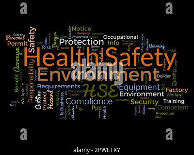 Concetto di base di Word cloud per l'ambiente di sicurezza sanitaria (HSE). Regolamentazione della formazione aziendale, sicurezza sul luogo di lavoro qualità delle attrezzature di sicurezza permesso. Illustrazione Vettoriale