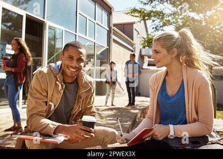 Preparazione per gli esami insieme. due studenti che studiano insieme nel campus. Foto Stock