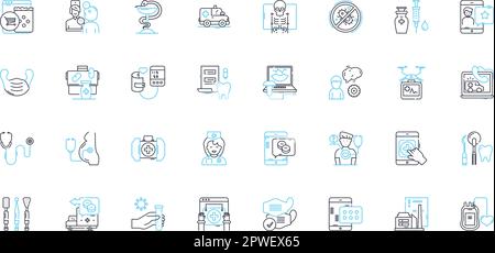 Set di icone lineari per l'assistenza sanitaria orale. Cavità, placca, gengivite, alitosi, tartaro, Fluoruro, vettore di linea di galleggiamento e segnali concettuali. Spazzolatura Illustrazione Vettoriale