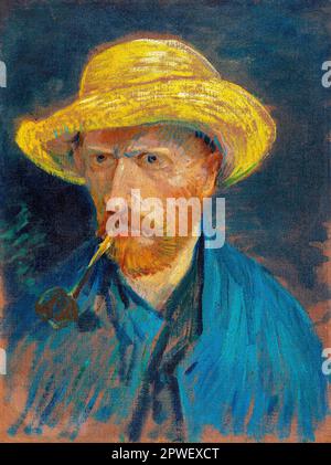 Autoritratto di Vincent van Gogh con cappello di paglia e famoso dipinto a pipa. Originale da Wikimedia Commons. Foto Stock