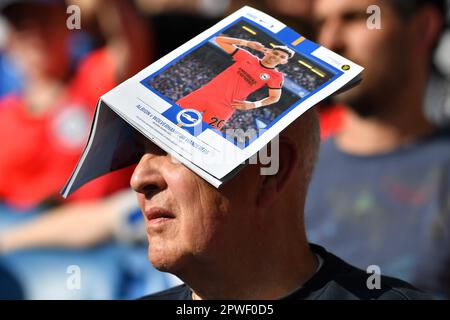 Questo fan utilizza un programma per proteggere la testa dal sole durante la partita della Premier League tra Brighton & Hove Albion e Wolverhampton Wanderers all'American Express Community Stadium , Brighton , Regno Unito - 29th aprile 2023. Foto Simon Dack / Telephoto immagini. Solo per uso editoriale. Nessun merchandising. Per le immagini di calcio si applicano le restrizioni di fa e Premier League inc. Nessun utilizzo di Internet/cellulare senza licenza FAPL - per i dettagli contattare Football Dataco Foto Stock