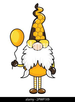 Bumble Bee gnome - disegno a mano moderno gnome illustrazione. Perfetto per pubblicità, poster, annunci o biglietti d'auguri. Bellissimo gnome a Honeybee Illustrazione Vettoriale