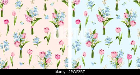 Motivi floreali senza cuciture con fiori primaverili (tulipano, giacinto, Forget-me-Not, e giglio dei fiori della valle) su sfondi rosa e blu. Set di vec Illustrazione Vettoriale