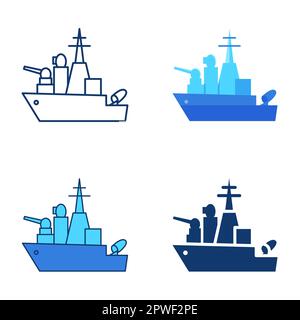 Icona di una nave militare in stile piatto e lineare. Nave da guerra, barca dell'esercito, simbolo delle forze navali. Illustrazione vettoriale. Illustrazione Vettoriale