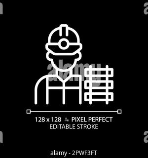 Icona lineare bianca perfetta pixel operaio ferroviario per un tema scuro Illustrazione Vettoriale