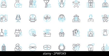 Yuletide festeggiamenti icone lineari set. Yule, festive, Cheer, renne, Holly, Mistletoe, vettore di linea Eggnog e segnali concettuali. Gioioso, allegro, Jingle Illustrazione Vettoriale