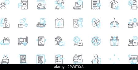 Set di icone lineari per soluzioni di spedizione. Logistica, trasporto, consegna, trasporto, carico, Esporta, Importa vettore di linea e segnali concettuali. Distribuzione Illustrazione Vettoriale